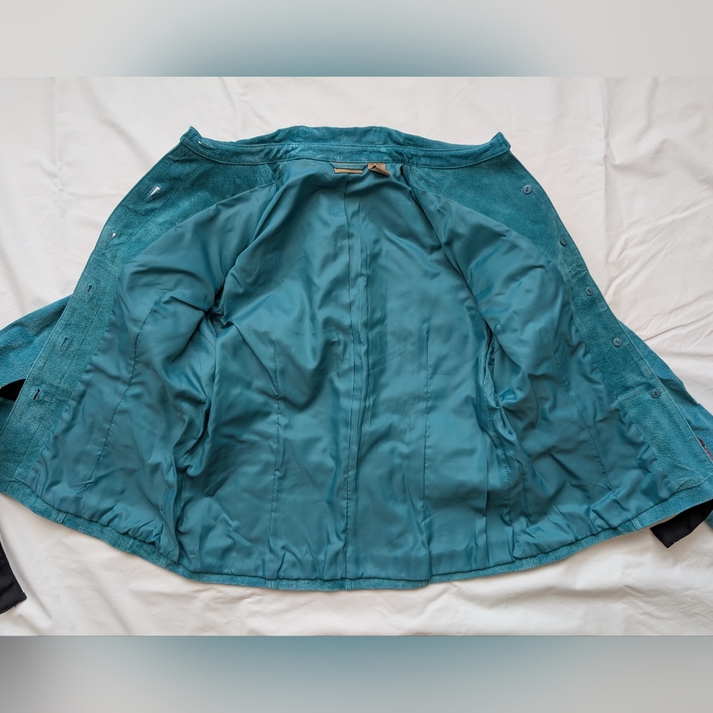 Ruff Hewn Suede Turquoise Utility Jacket with Patterned Belt Women's Size M - Picture 10 of 13